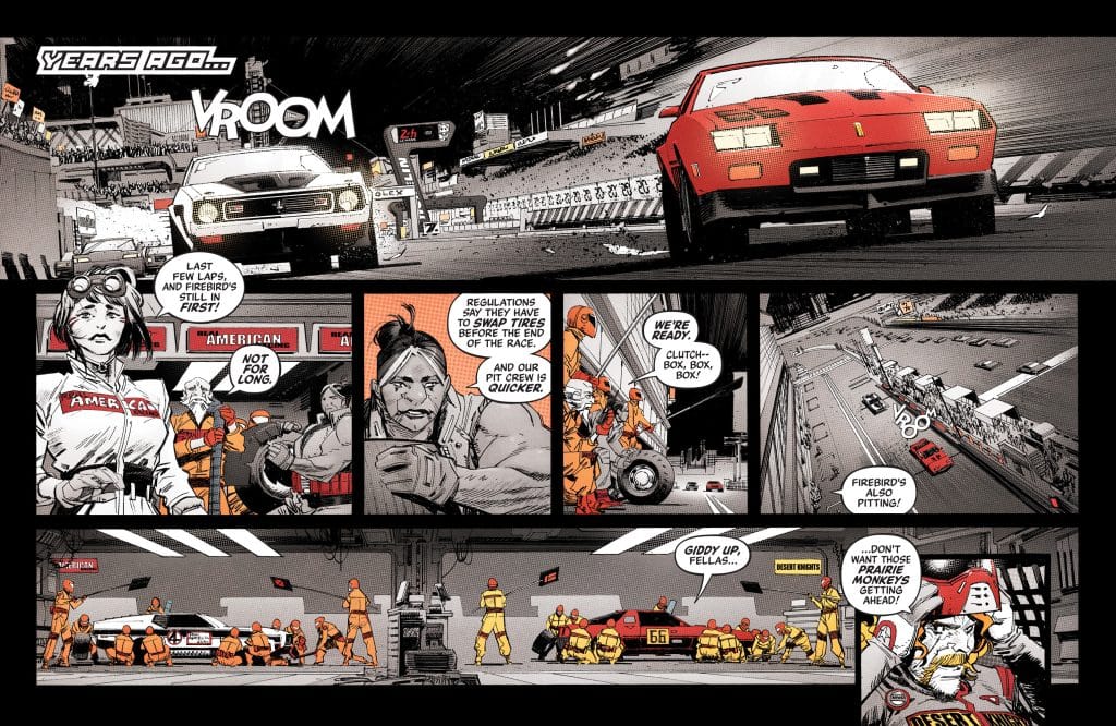 A comic-style depiction of a racing scene featuring a white car and a red car on a track, with spectators in the background. The panels include racing dialogue from pit crew members discussing tire swaps and racing strategies.