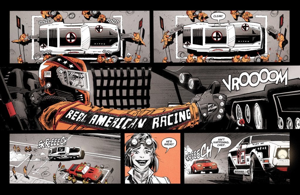 A comic panel depicting a racing scene with a driver in an orange suit and helmet, gripping the steering wheel inside a vehicle. Other characters in orange suits are positioned around a high-tech truck. Dialogue bubbles indicate excitement and urgency in the racing environment.