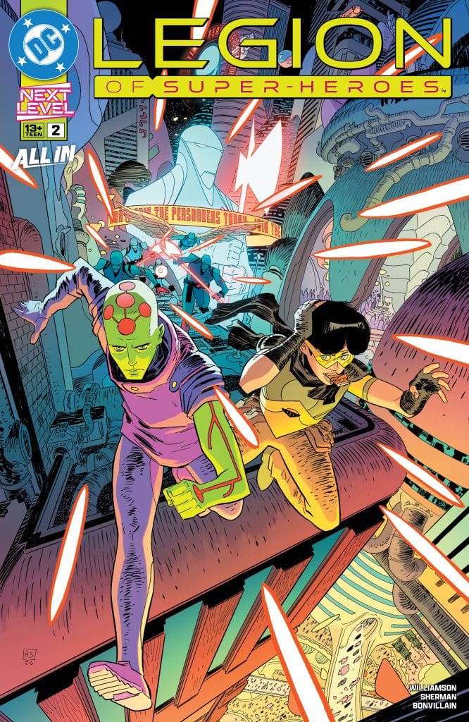 Comic book cover featuring the title 'LEGION OF SUPER-HEROES' with vibrant colors, displaying two characters running through a futuristic cityscape while evading energy blasts.