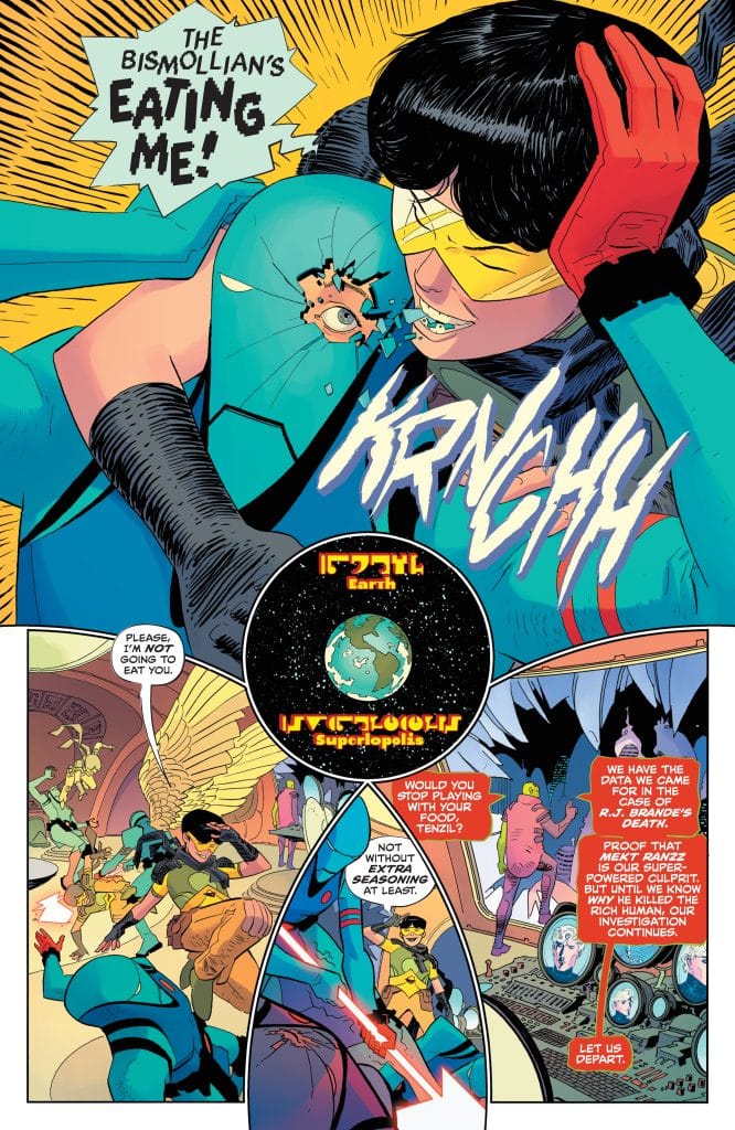 A colorful comic book panel featuring a character in a blue costume exclaiming about being eaten, while an alien creature is visibly attacking them. In the background, various other characters and an alien landscape are depicted, showcasing a chaotic scene.