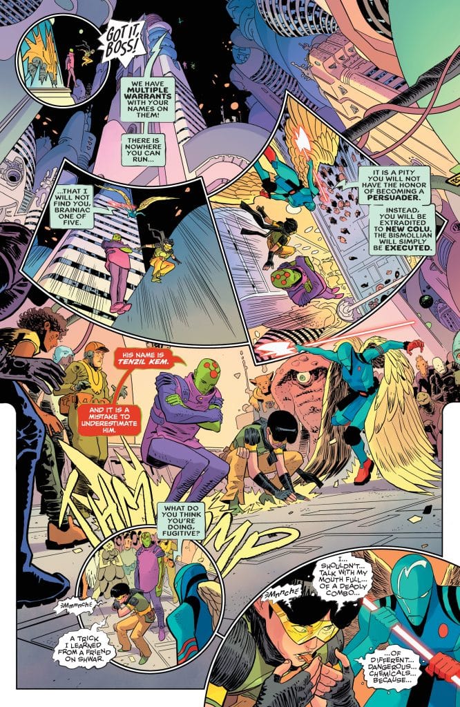 A colorful comic book page featuring various characters in a dynamic scene, with speech bubbles indicating dialogue. Characters include a hero in a blue suit, another character with green skin, and a group of people reacting to a tense situation. The background shows futuristic buildings and action elements.