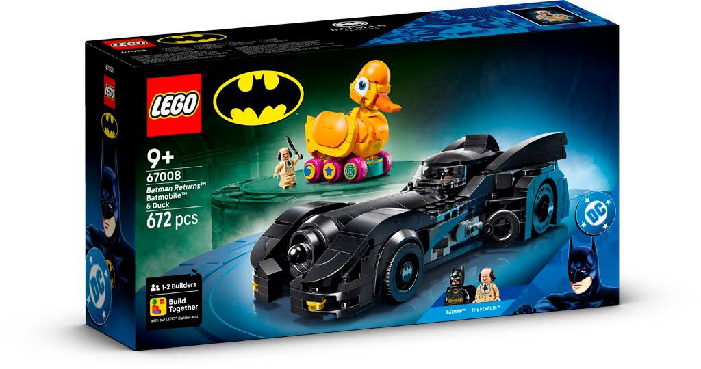LEGO Batman Returns set featuring the Batmobile and a duck, including two mini-figures of Batman and The Penguin, 672 pieces, suitable for ages 9 and up.
