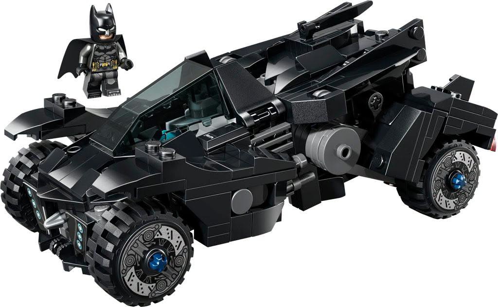 A LEGO set featuring a black Batmobile and a Batman minifigure.
