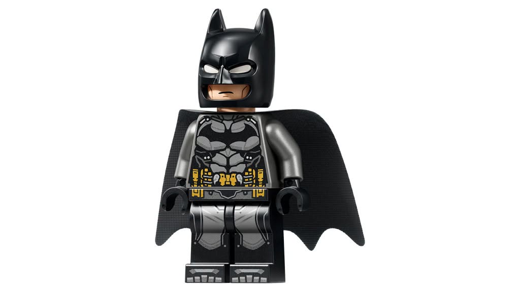 A Lego figure of Batman, featuring a black helmet, cape, and suit with gray and yellow details.