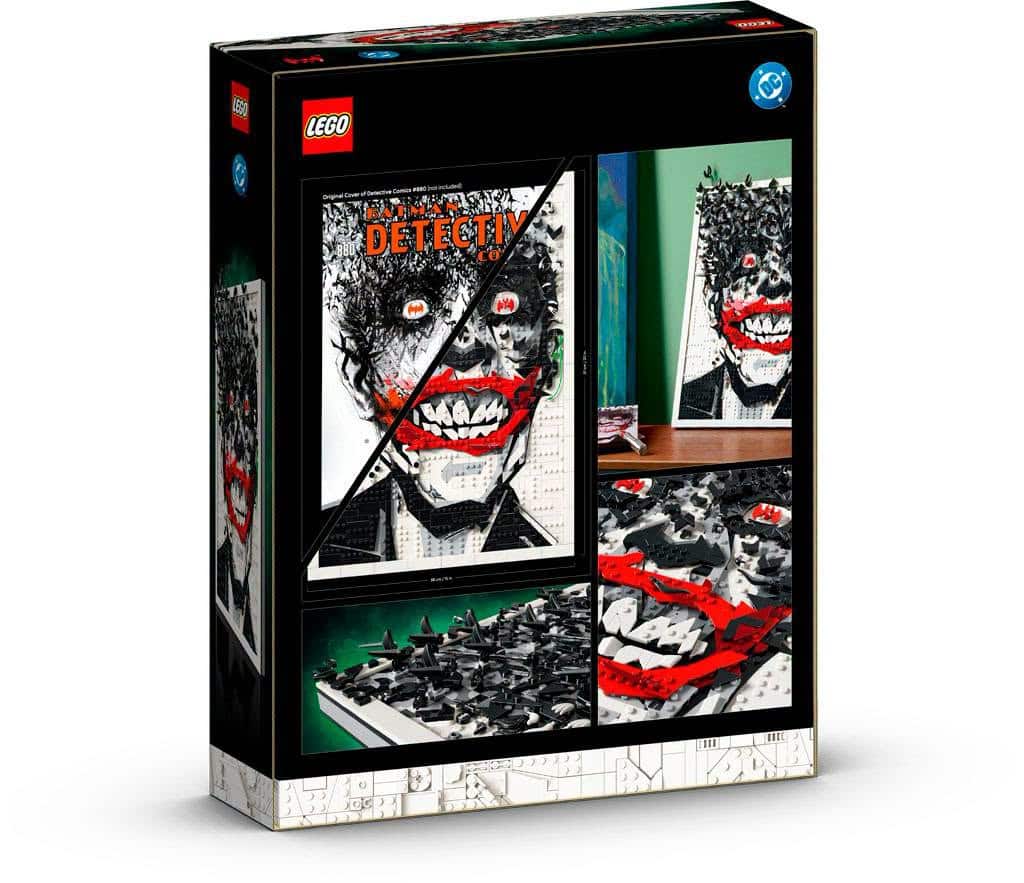 LEGO set box featuring a creative design of a character with a menacing smile and bright red features, showcasing various angles of the completed build.