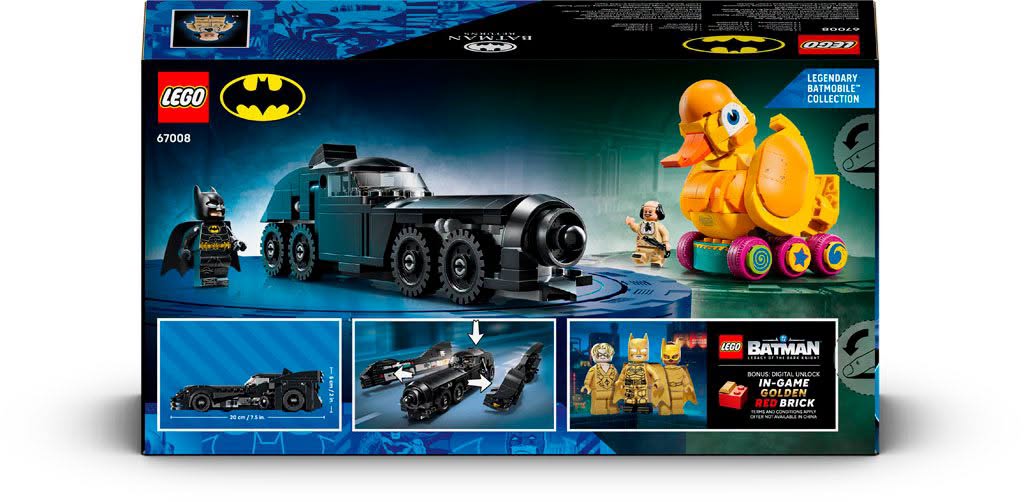 LEGO Batman set featuring the Batmobile and a character in a Batman suit, along with a quirky duck-shaped vehicle. Includes images of the Batmobile and bonus in-game content.