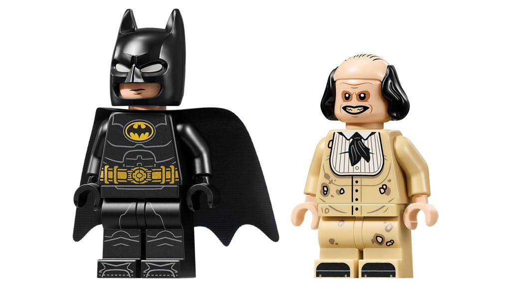 Two LEGO minifigures: one dressed as Batman with a black cape and the iconic bat symbol, and the other as a villain wearing a beige suit with a black bow tie.