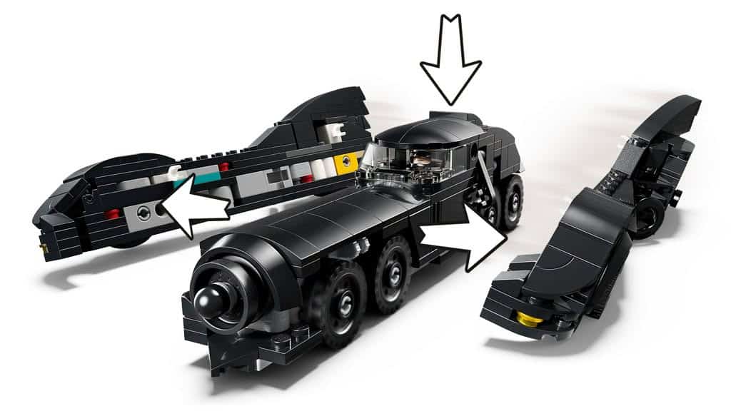 A detailed LEGO model of a stylish black bat-themed vehicle, featuring opening doors and unique design elements, set against a white background.