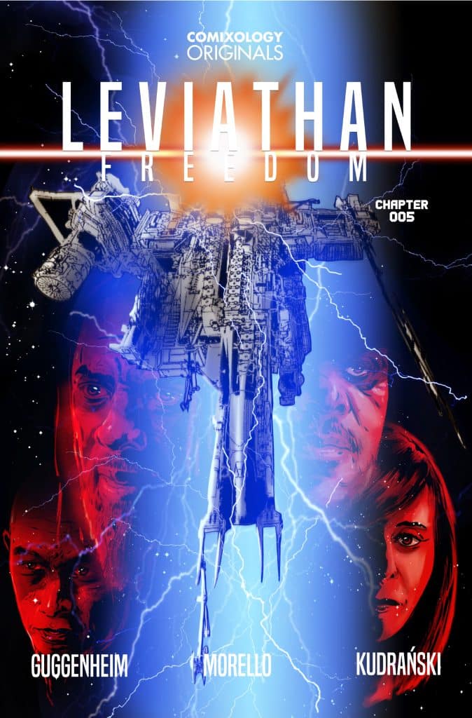 Cover art for 'Leviathan: Freedom' Chapter 005 featuring a dramatic illustration of a spaceship with lightning effects and the names Guggenheim, Morello, and Kudranski.