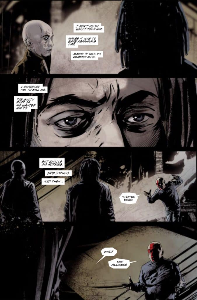 A comic panel depicting two characters in a tense conversation. The first character, with a bald head, appears anxious and contemplative. The second character, with dark hair, looks serious. Dialogue boxes convey themes of redemption and expectation, leading to an ominous conclusion about an impending alliance.