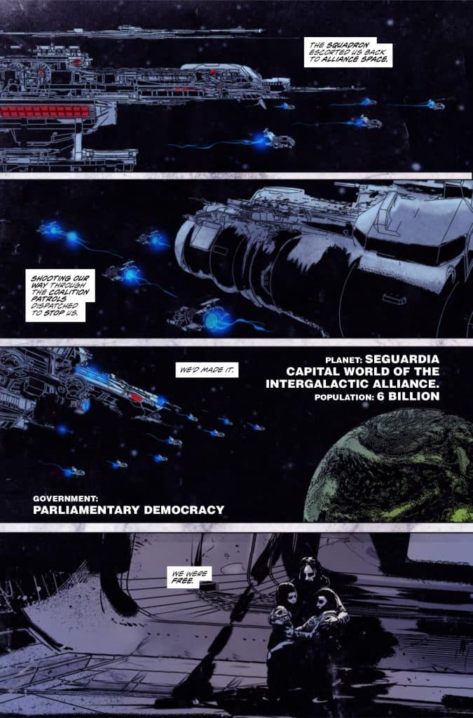 A comic panel depicting a squadron of spaceships being escorted into Alliance space, featuring a planet labeled Seguardia, the capital of the Intergalactic Alliance. Dialogue implies a sense of relief and freedom among the characters as they arrive.