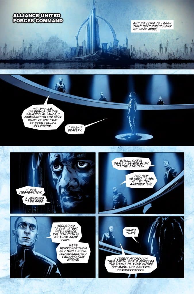 A comic panel depicting a futuristic scene at Alliance United Forces Command with a large building in the background. Dialogue between characters discussing bravery and a strategic plan against a coalition.