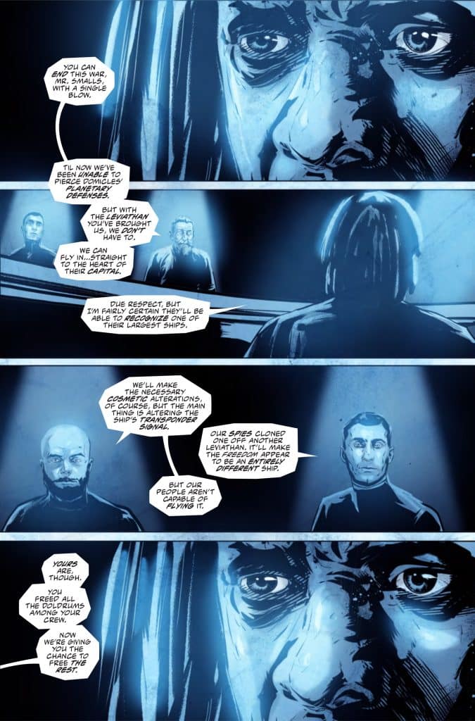A comic book panel depicting a tense conversation between two characters, one with a serious expression and prominent facial features, and another appearing thoughtful, set against a dark, atmospheric background with blue tones. Speech bubbles contain dialogue about a strategic plan involving a spaceship.