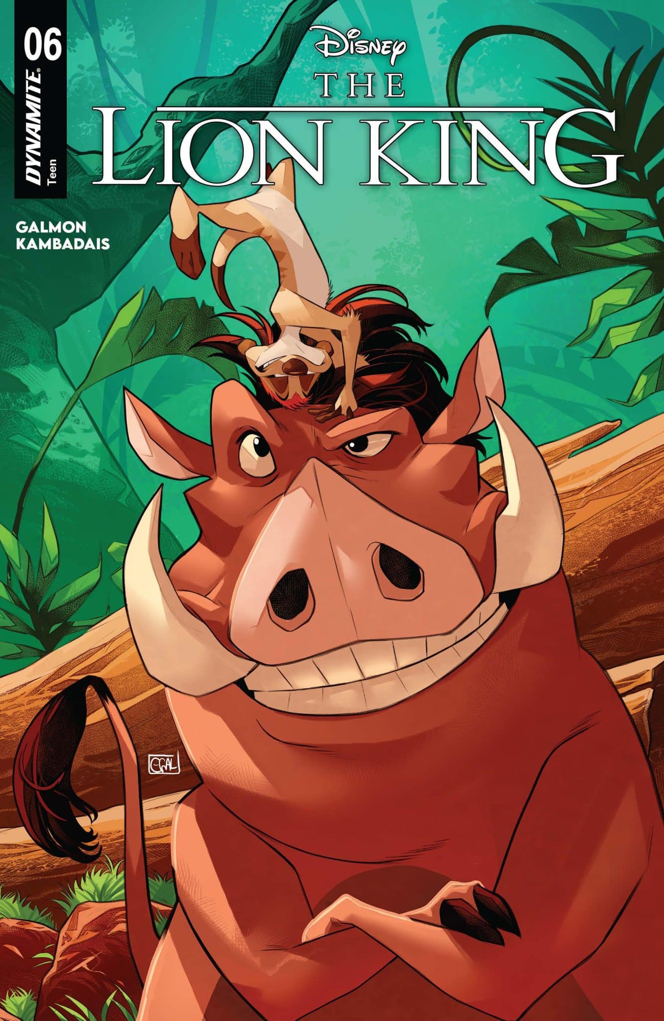 Comic book cover featuring characters from Disney's The Lion King, depicting a cheerful warthog and a mischievous meerkat in a vibrant jungle setting.