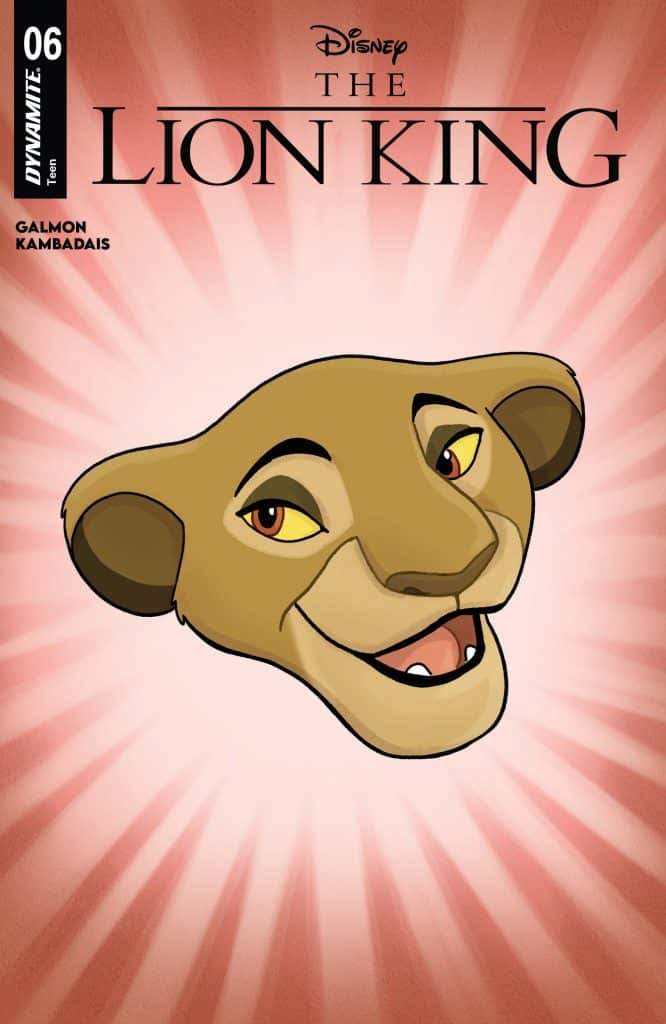 Cover art for Disney's The Lion King comic, featuring a smiling lion cub's face with a pink sunburst background.