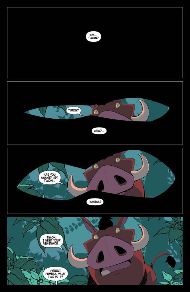 A comic strip featuring two cartoon characters, Timon and Pumbaa, in a jungle setting. Timon appears to be calling out for Pumbaa, who is confused and asks what the matter is. Pumbaa expresses the need for Timon's assistance.