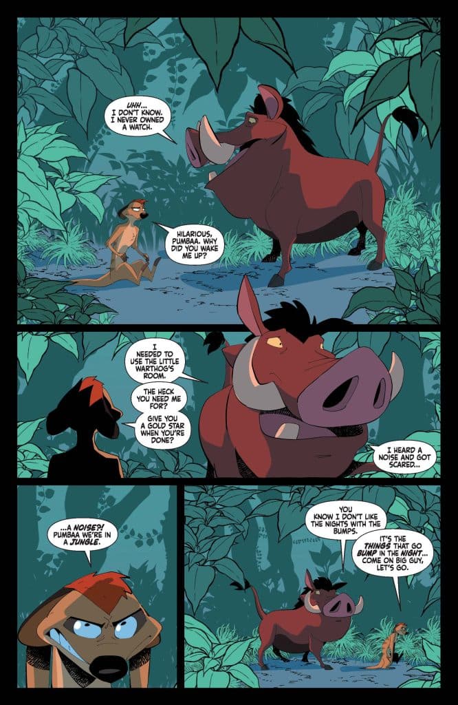 A comic-style illustration featuring two characters, a warthog and a meerkat, in a jungle setting. The warthog is expressing confusion about waking up, while the meerkat responds humorously. The background is filled with lush green foliage.