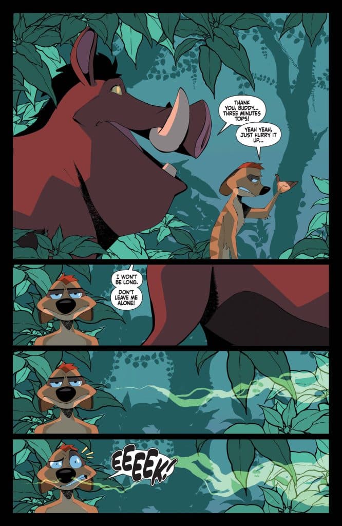 A comic panel showing a large red boar and a small meerkat in a jungle setting. The boar is speaking to the meerkat, who looks concerned. The meerkat is urging the boar to hurry while expressing a desire not to be left alone. The final panel captures the meerkat in shock, shouting 'EEEEK!'