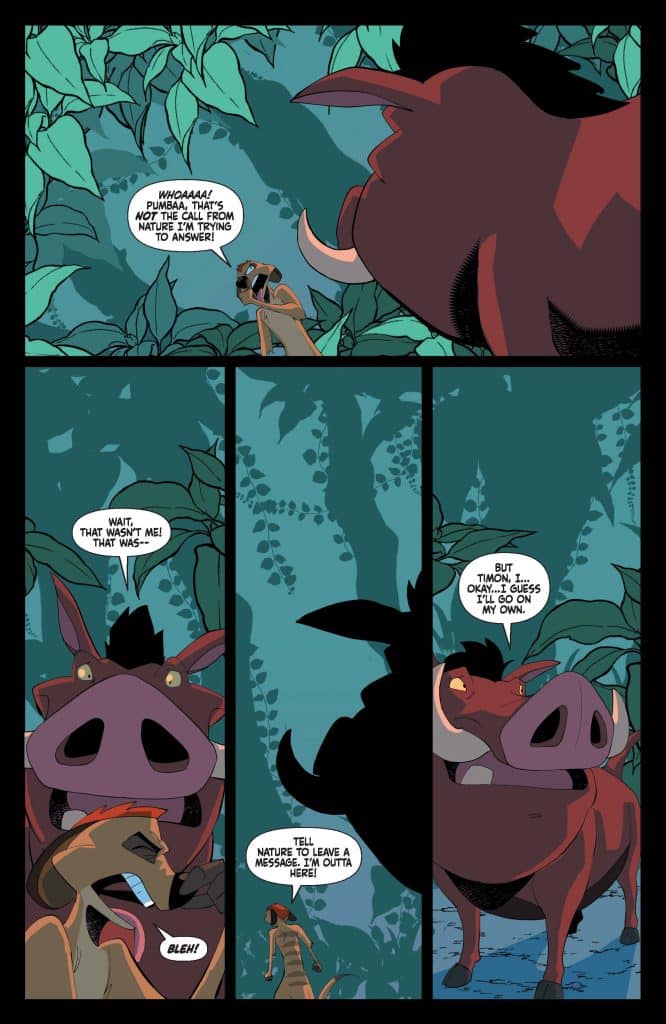 Comic panel featuring cartoon characters Timon and Pumbaa in a jungle setting. Timon, a meerkat, appears frustrated as he speaks to Pumbaa, a warthog, who is looking confused. Speech bubbles depict their humorous dialogue about nature.