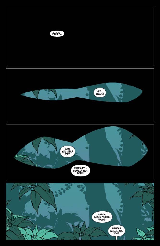Comic panel depicting a conversation in a jungle setting, with speech bubbles saying 'Pssst...', 'Hey... Timon!', and 'Can you hear me?'.