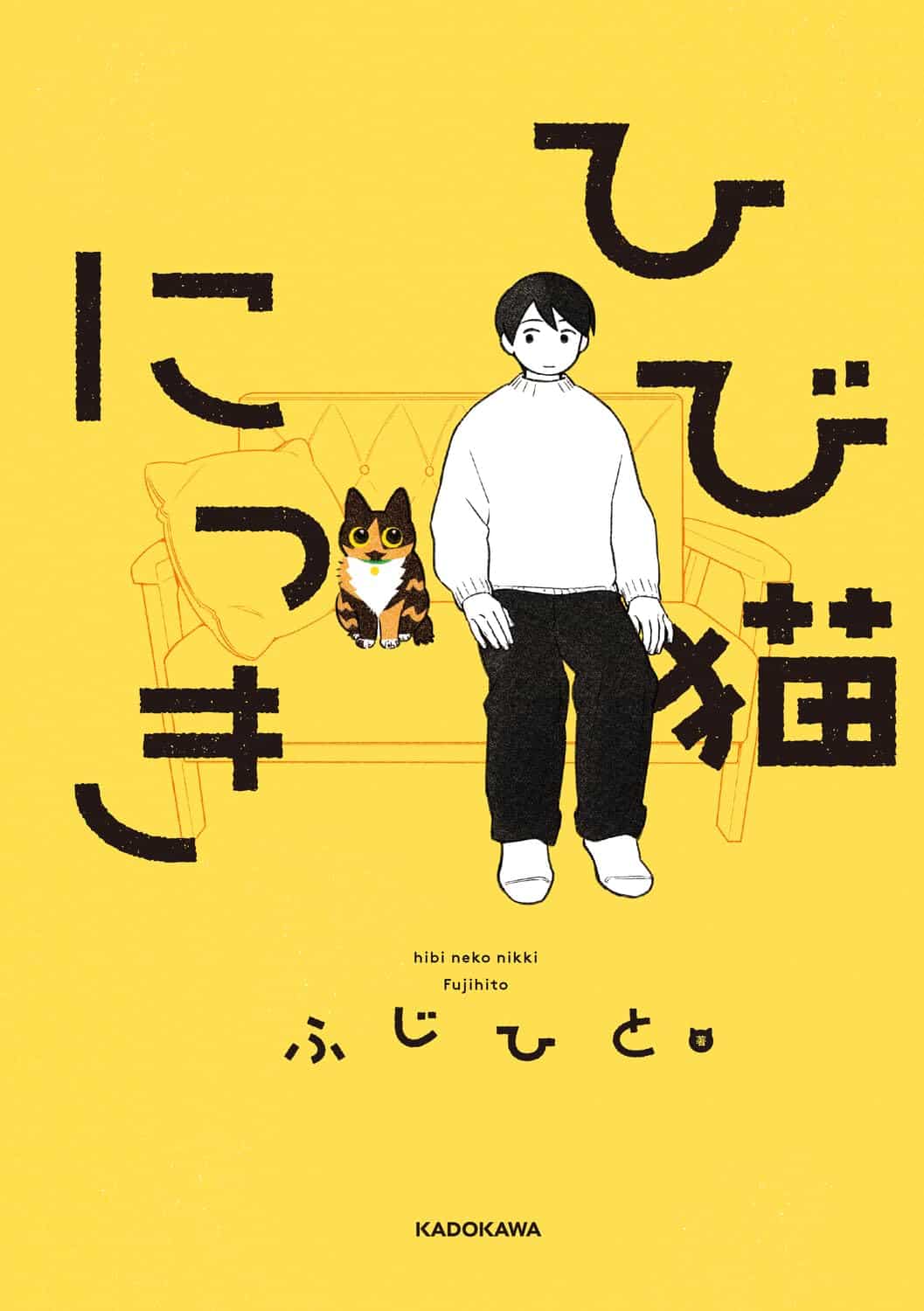 An illustration featuring a boy sitting next to a cat on a yellow background, with Japanese text that includes the title 'hibi neko nikki' by Fujihito.