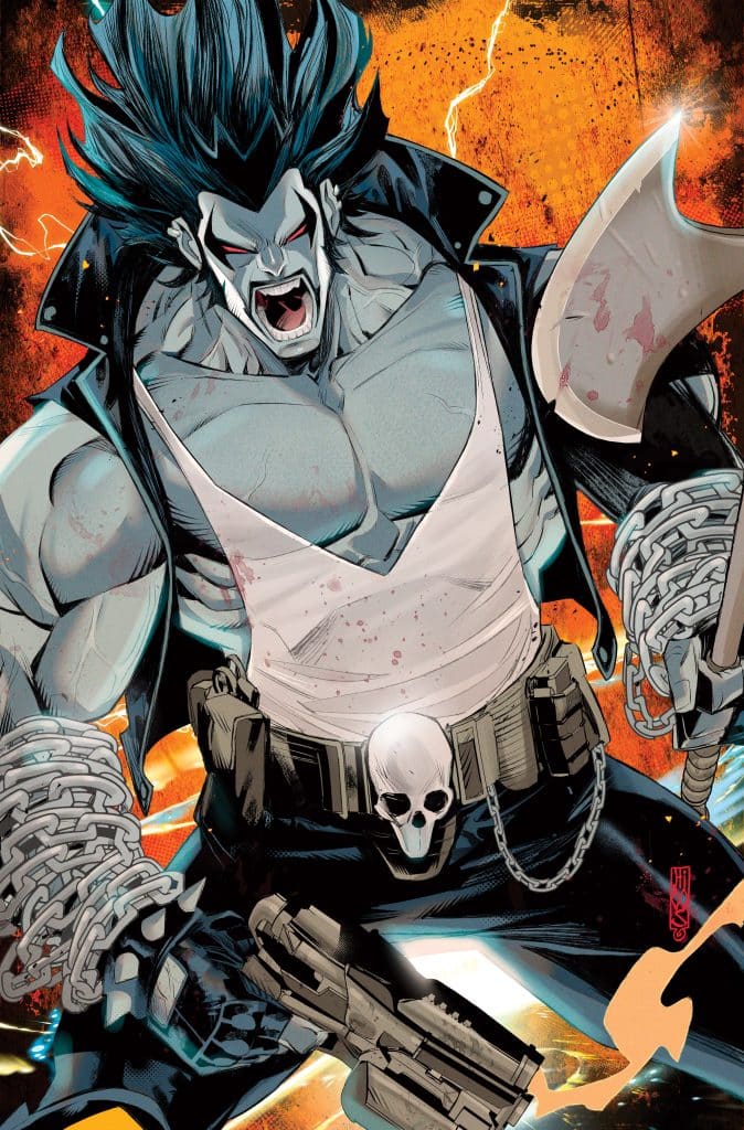 A muscular, pale-skinned character with long, black hair and red eyes, wearing a torn white tank top and a black jacket. He has chains around his wrist, is wielding a gun in one hand, and an axe in the other, with a skull emblem on his belt. The background features an orange hue with lightning effects.
