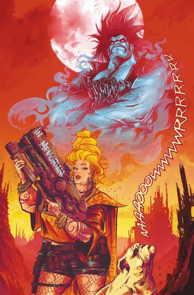 A dynamic comic book cover featuring a fierce woman holding a futuristic weapon in the foreground, set against a vibrant orange and red background. Behind her, a muscular character with wild hair looms, surrounded by ghostly blue smoke and a full moon. Both characters convey a sense of action and intensity, with dramatic text bubbles expressing sound effects.