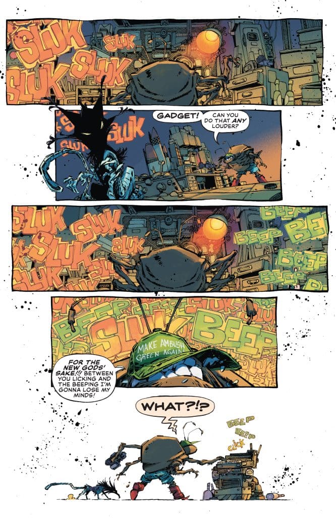 A comic book page featuring a character interacting with a quirky gadget in a cluttered workshop. The character is expressing frustration over loud noises, with colorful sound effects such as 'SLUK' and 'BEEP' prominently displayed.