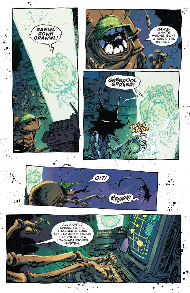 Comic panel showing a creature with sharp teeth and a cap saying 'MAKE AMBUSH GREEN AGAIN' expressing alarm, alongside a figure asking about a missing character.