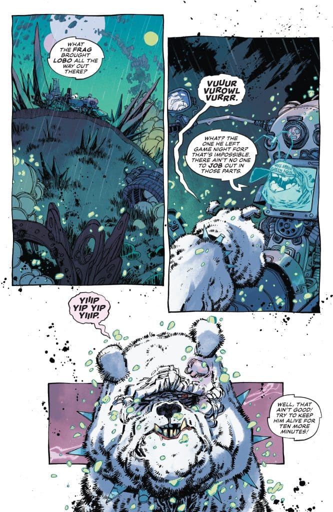 A comic panel featuring a large, fluffy white dog with a distressed expression, surrounded by colorful, swirling elements and a sci-fi environment. The dog is shown with various speech bubbles expressing concern and urgency.