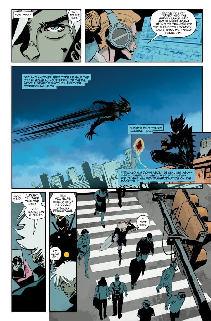 A comic book page featuring a conversation among characters, with a technologically advanced background and a bustling cityscape. Characters are depicted in various poses, discussing a surveillance operation and monitoring a suspect. Scenes of urban life are interspersed with dialogue bubbles.
