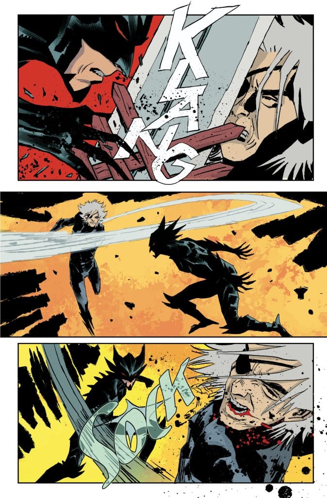 A dynamic comic panel depicting a fight scene with two characters, one in a red costume and the other in dark attire. Action words 'KANG' and 'SOCK' emphasize the struggle, with one character delivering a powerful blow that causes visible impact.
