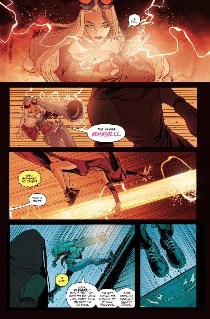 Comic panel featuring a character named Bombshell, displaying powerful energy with lightning effects. Dialogue exchanges reveal her personality and interactions with other characters.