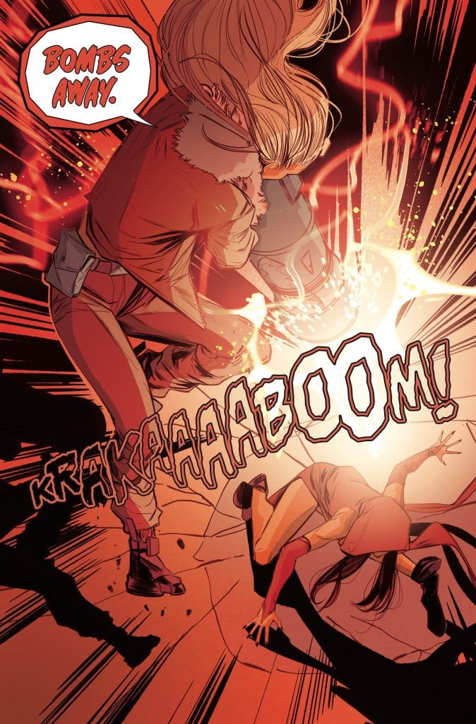 A dramatic scene featuring a character in a jacket throwing an explosive device labeled 'BOMBS AWAY' towards another character on the ground, with a large explosion sound effect 'KRAKAAAAA BOOM!' in the background.