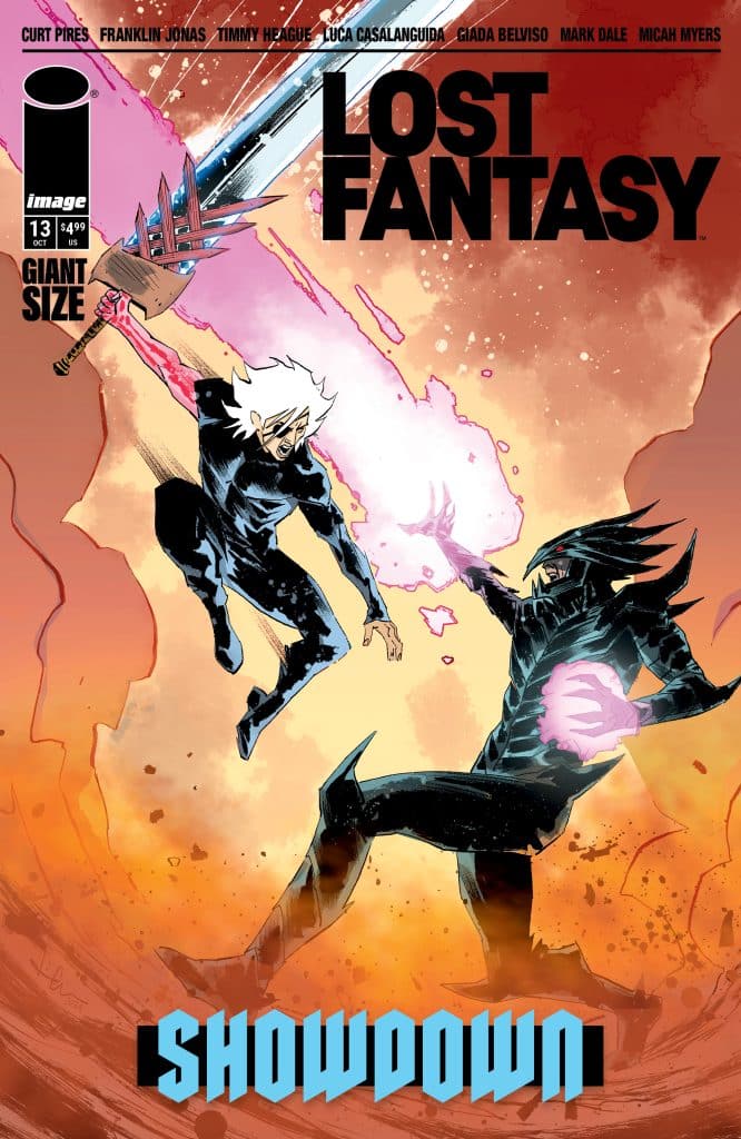 Cover of the comic book 'Lost Fantasy' issue 13, featuring two characters in a dynamic battle with swords and glowing energy effects.