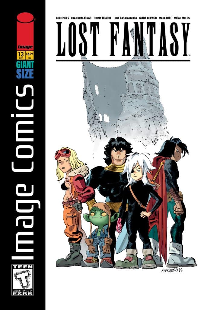 Cover of the comic book 'Lost Fantasy' featuring a group of five characters: a girl with long blonde hair, a small green creature, a dark-haired male hero, a girl with white hair, and a character in a cape, with a castle-like structure in the background.