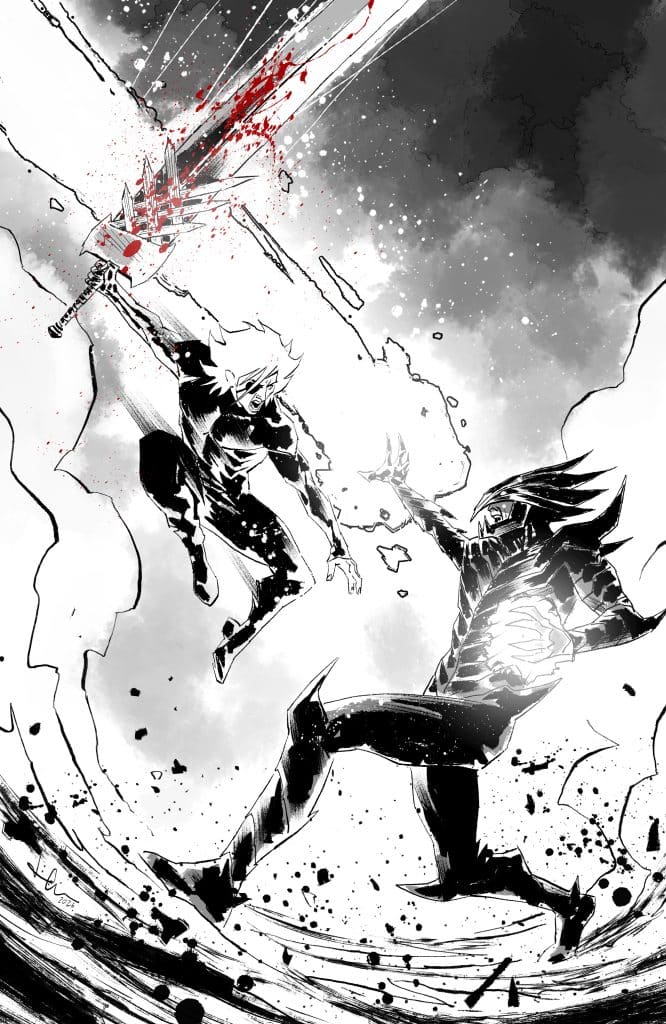 A dynamic black and white illustration depicting a fierce battle between two characters. One character, wielding a bloody sword, is lunging towards the other, whose dark armor reflects light. The scene is filled with motion and energy, with debris flying around and a dramatic sky in the background.