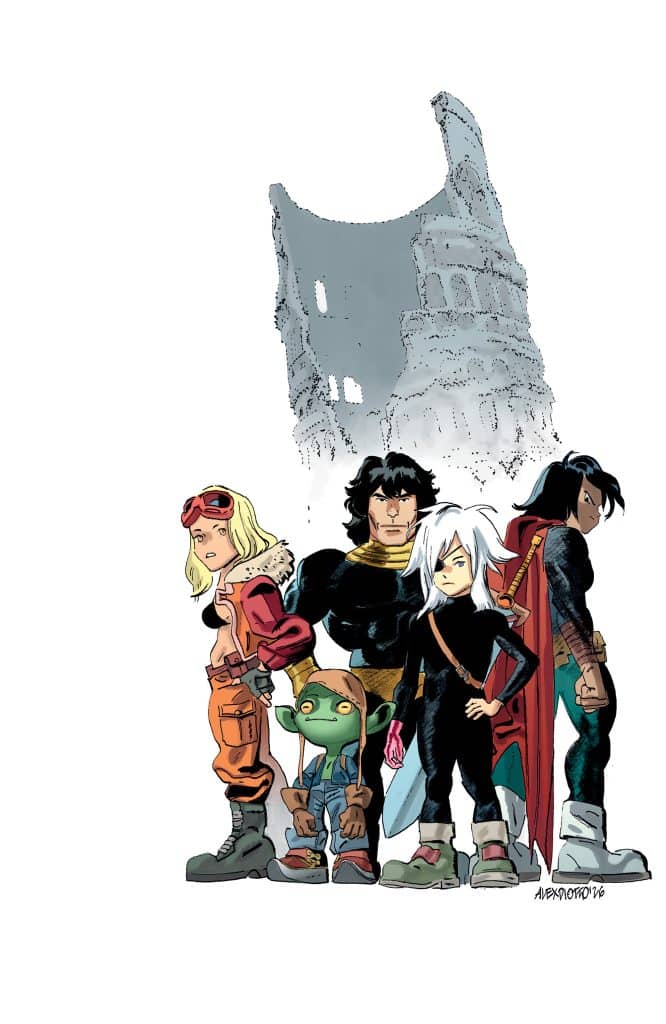 A group of five illustrated characters stands confidently in front of a stylized, partially destroyed building. The first character on the left is a blonde girl wearing red goggles and an orange outfit. Next to her is a muscular character in a black outfit with a golden stripe, followed by a small green creature in casual clothes. The fourth character has white hair and wears a sleek black costume, while the last character is dressed in a dark outfit with a cape. The overall setting suggests a theme of adventure.