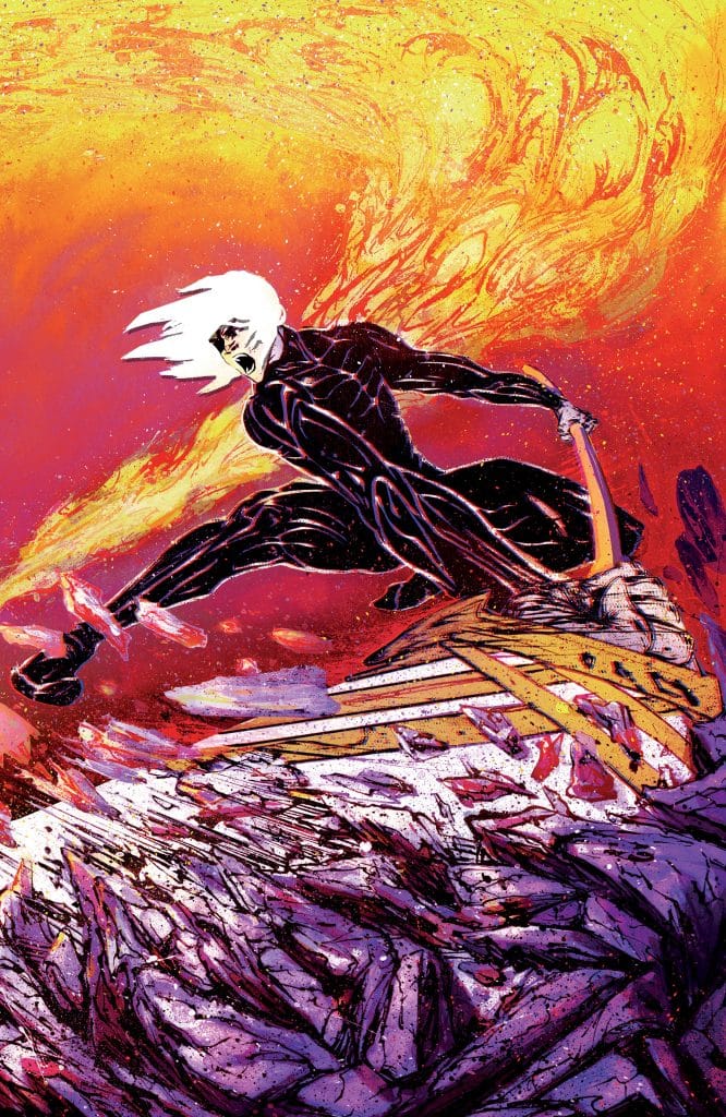 A dynamic illustration of a figure with white hair, dressed in black, leaping on a chaotic landscape with shards of rock, surrounded by fiery colors of orange and red.