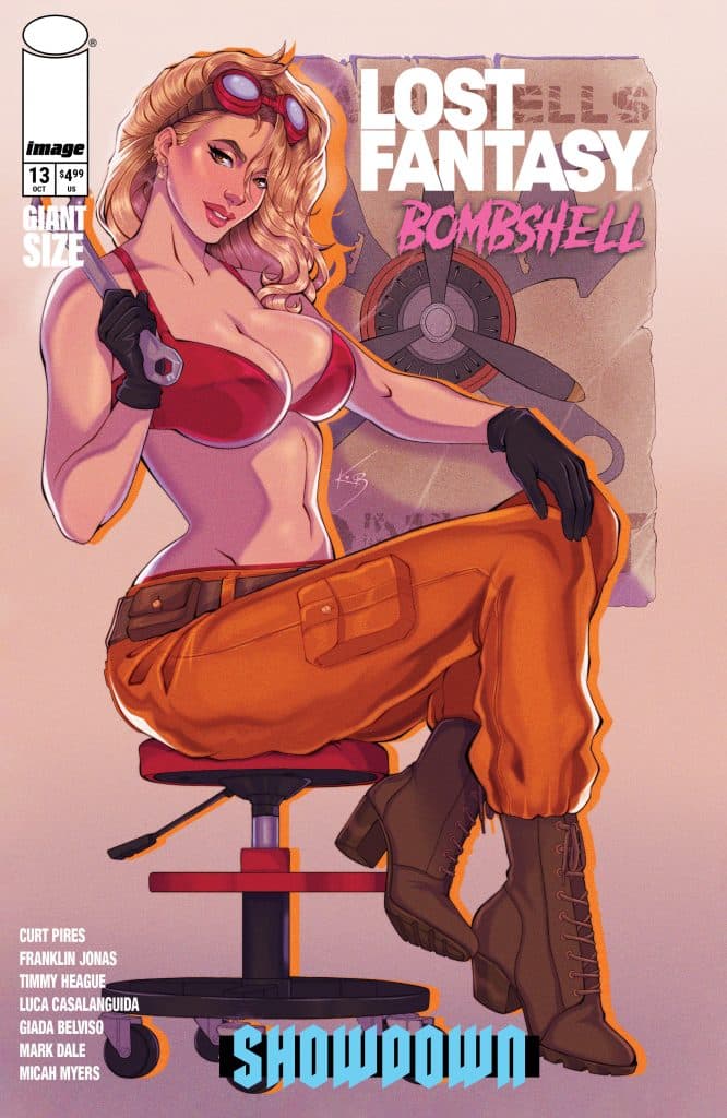 Cover of 'Lost Fantasy: Bombshell' comic book featuring a woman with blonde hair and goggles, wearing a red top and orange pants, sitting on a rolling chair against a stylized background.
