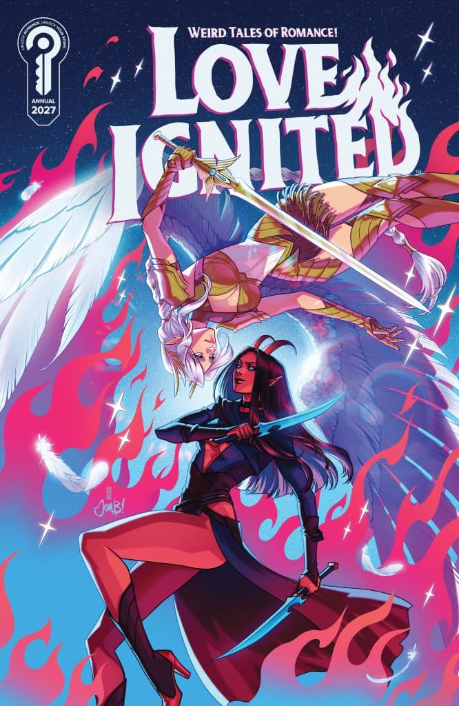 A vibrant comic book cover titled 'Love Ignited,' featuring two female characters in dynamic poses. One character, with angelic wings, wields a sword, while the other, dressed in a dark outfit, holds a blade. The background is filled with colorful flames and a night sky, enhancing the dramatic theme of romance and conflict.