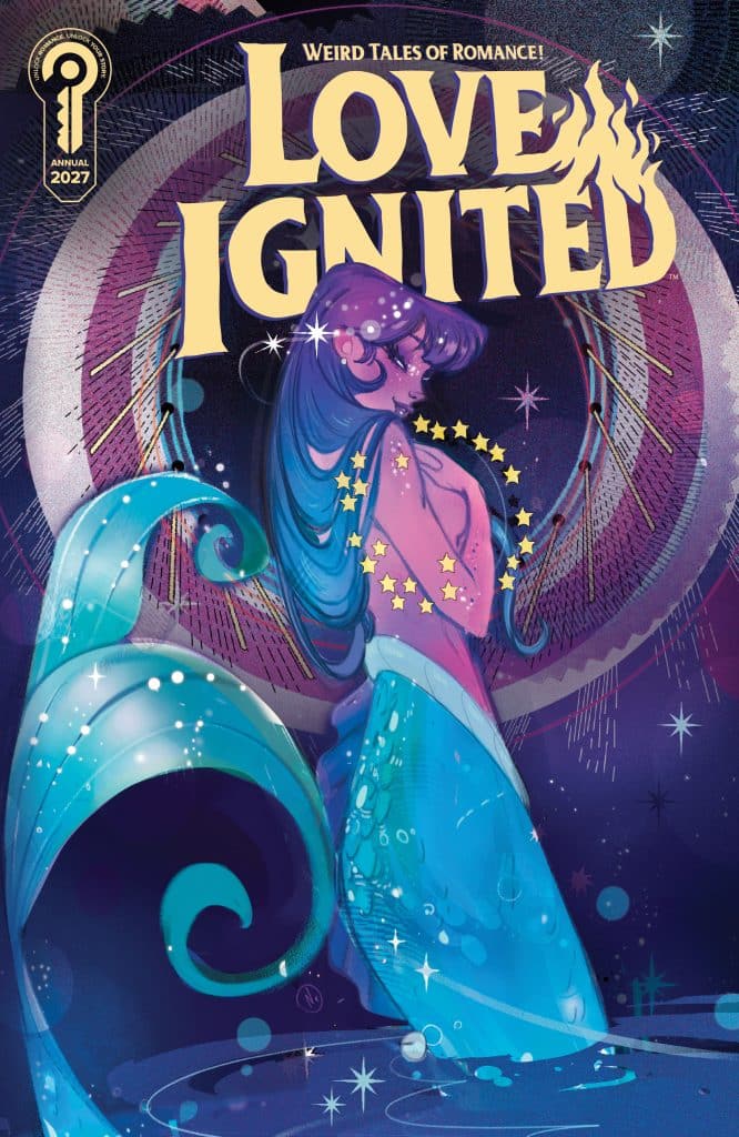 Illustration of a whimsical, romantic-themed comic book cover titled 'Love Ignited', featuring a mermaid-like figure surrounded by stars and colorful swirls in a dark cosmic background.