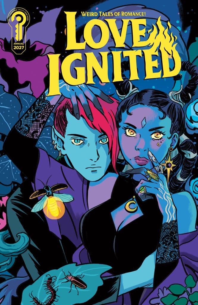 Colorful comic book cover titled 'Love Ignited', featuring a blue-haired character and a character with red hair surrounded by insects, floating in a cosmic background with vibrant colors.