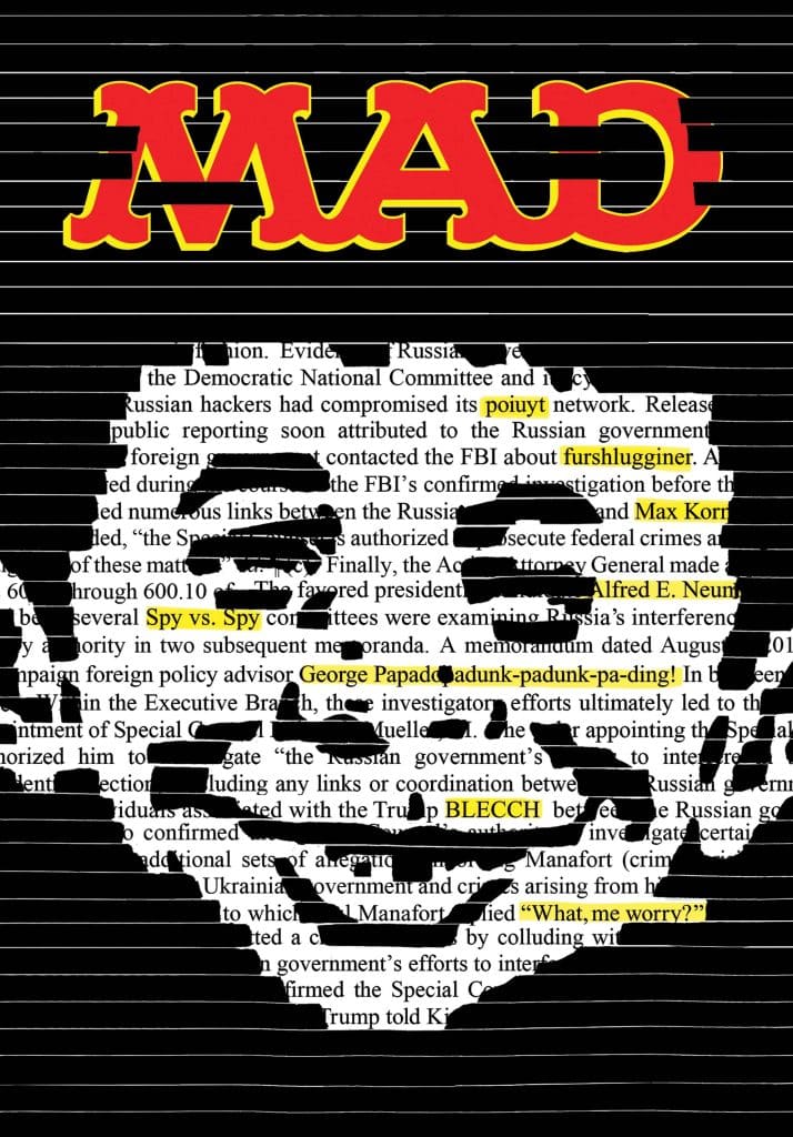 A graphic featuring the word 'MAD' in bold red letters overlaid on a background of blurred text and black bars, suggesting themes of espionage and political intrigue.