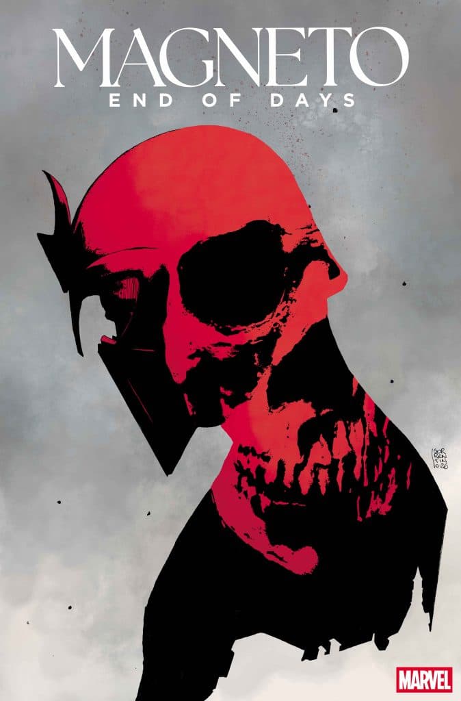 Comic book cover featuring Magneto with a striking red and black color scheme, displaying a skull-like face and intense expression, titled 'Magneto: End of Days'.