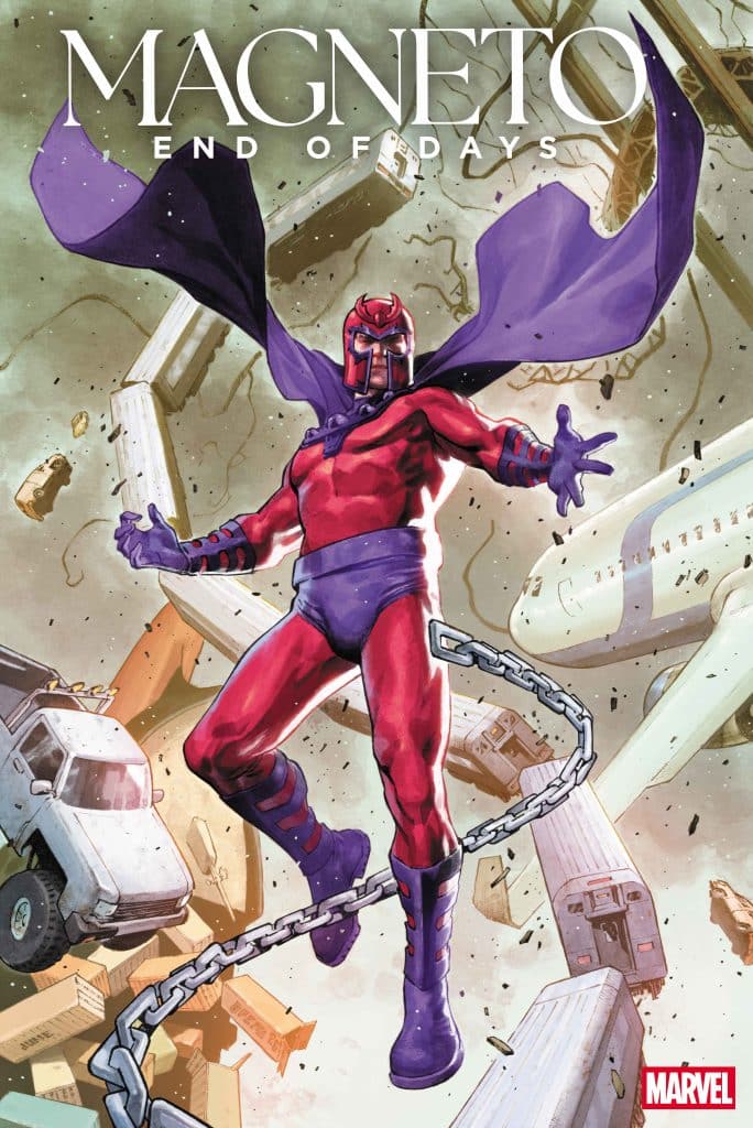 Comic book cover featuring Magneto from Marvel, depicted in a dynamic pose with a chain, surrounded by debris including trucks and aircraft.