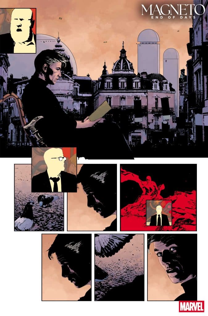 A comic book page featuring a character sitting on a chair, reading a book in an urban setting, with several panels showing various expressions and scenes including people, birds, and abstract images.