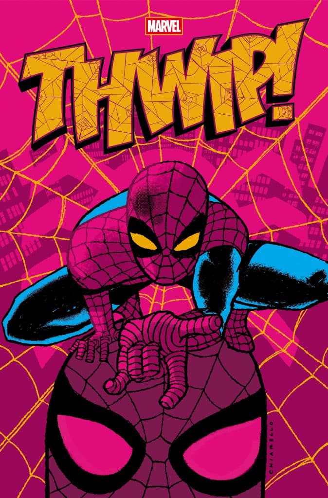 Comic book cover featuring Spider-Man in a vibrant pink and yellow design, with the word 'THWIP!' prominently displayed. Spider-Man is depicted in an action pose, sitting on a large cartoonish spider.
