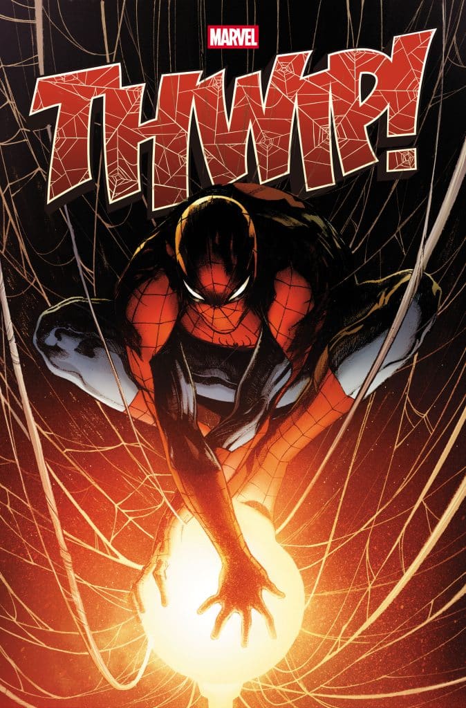 A comic book cover featuring a stylized illustration of Spider-Man in a dynamic pose, surrounded by webbing and glowing light, with the word 'THWIP!' prominently displayed.