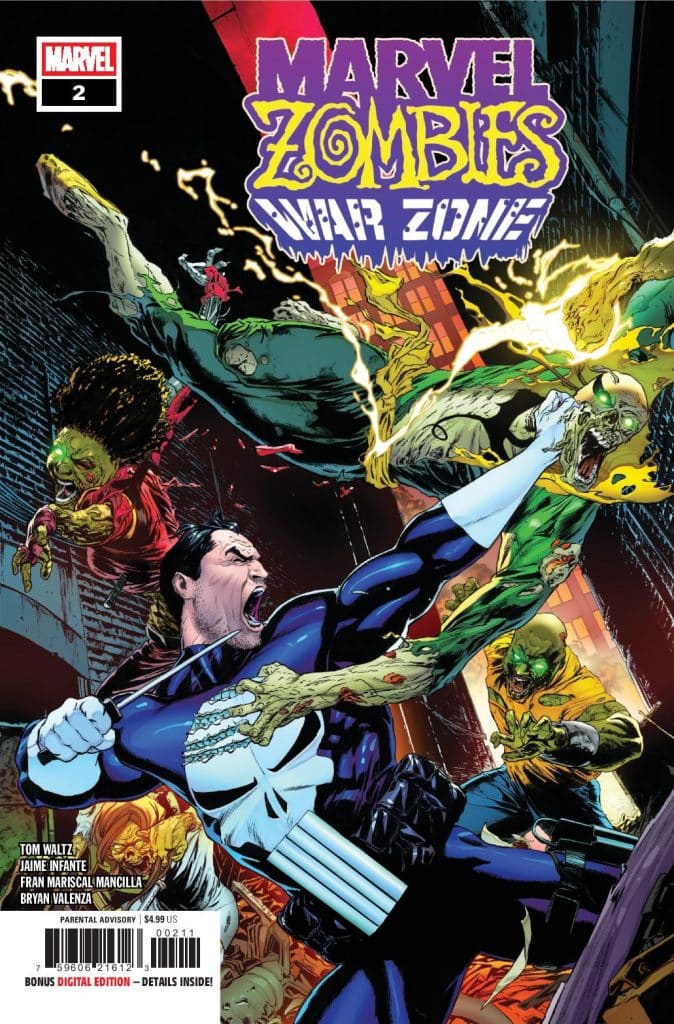 Cover of Marvel Zombies: War Zone #2 featuring The Punisher fighting off zombies in a dark alley.